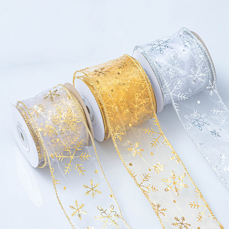 Ribbon Wired Satin - Christmas Gold Foil Transparent Ribbon Like